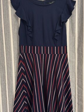 Yatta Women’s Navy Ruffle Fit-and-Flare Dress with Striped Skirt